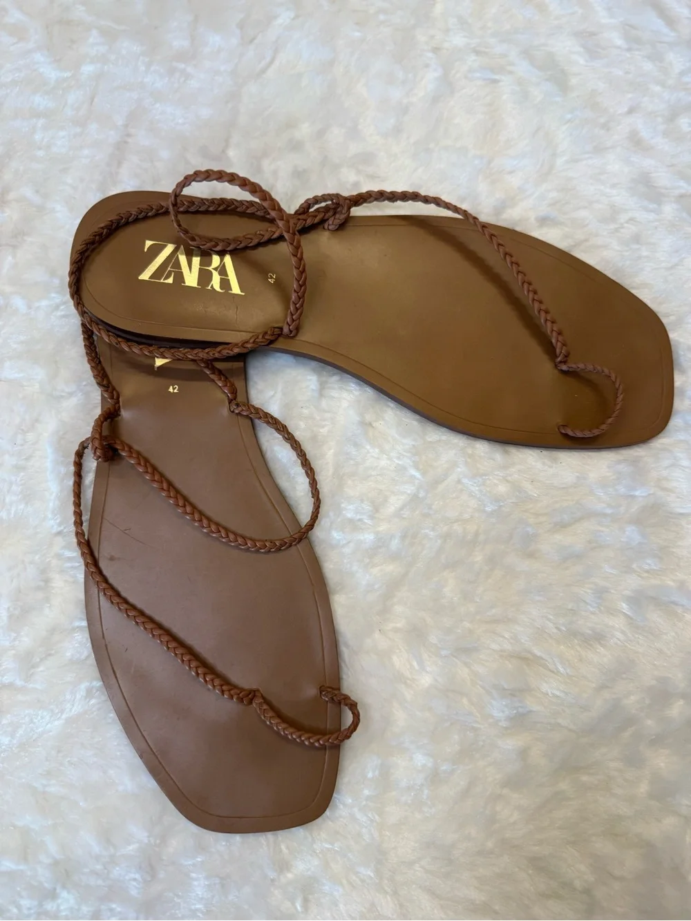 Zara Women's Braided Leather Flat Sandals - In Cognac- Size 42 or 11 - Picture 4 of 11